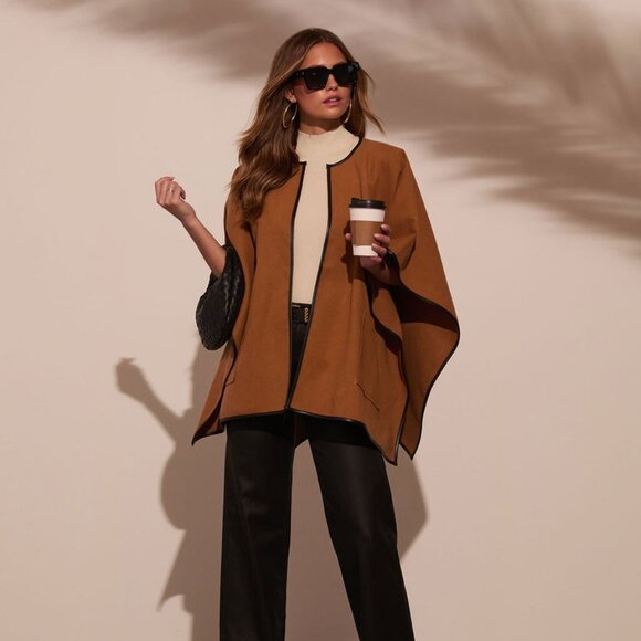 VICI Warm Welcome Contrast Trim Poncho Cape Camel Brown - Picture 3 of 15